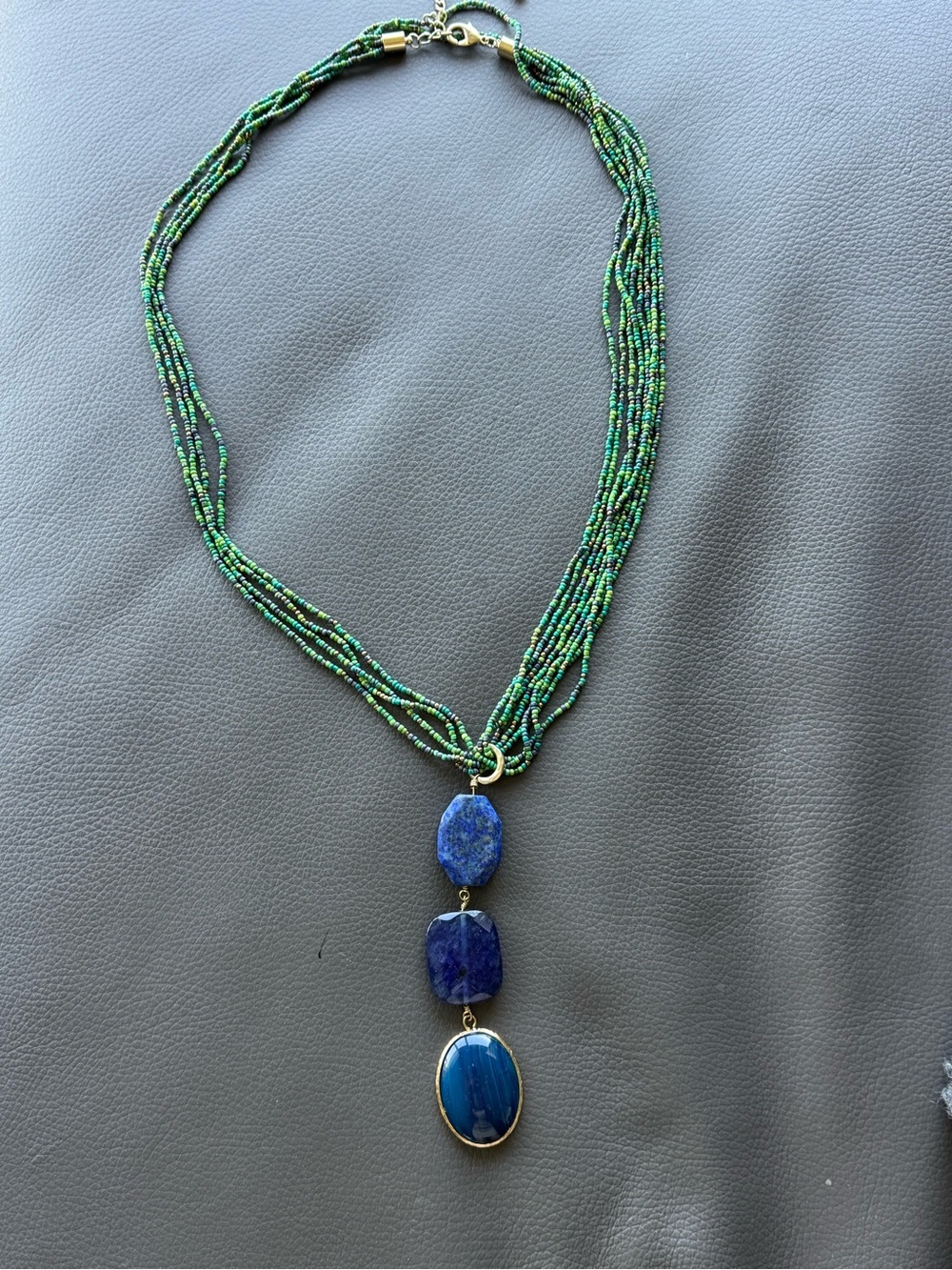 Green Seed-Bead Multi-Strand Necklace with Blue Stone Pendant